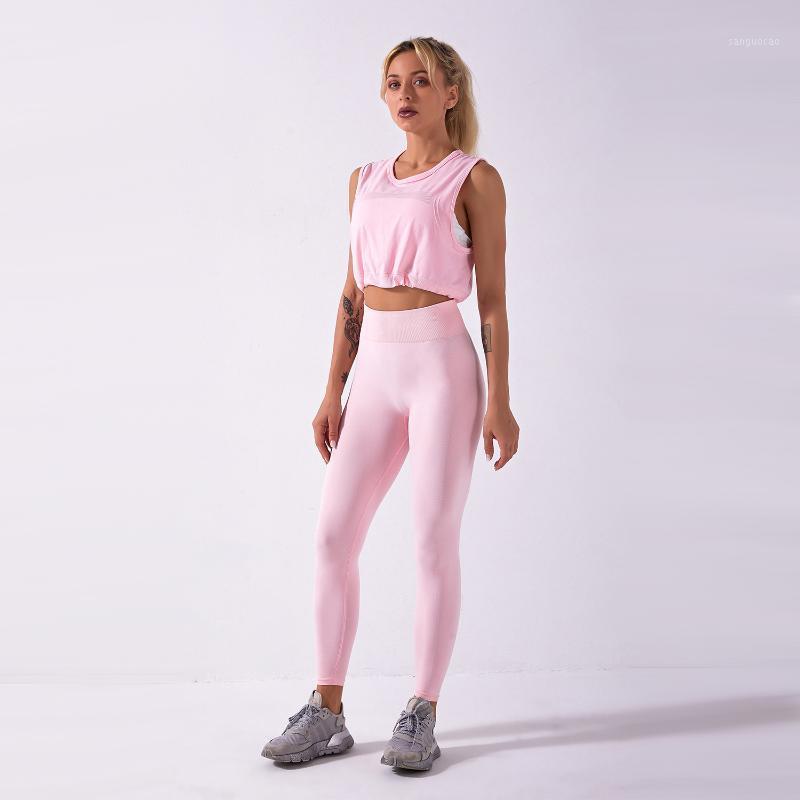 

Two-piece Seamless Yoga Suit 2021 Hot Style Solid Color Sleeveless Drawstring Top with Trousers Women Sport Set Fitness Clothing1