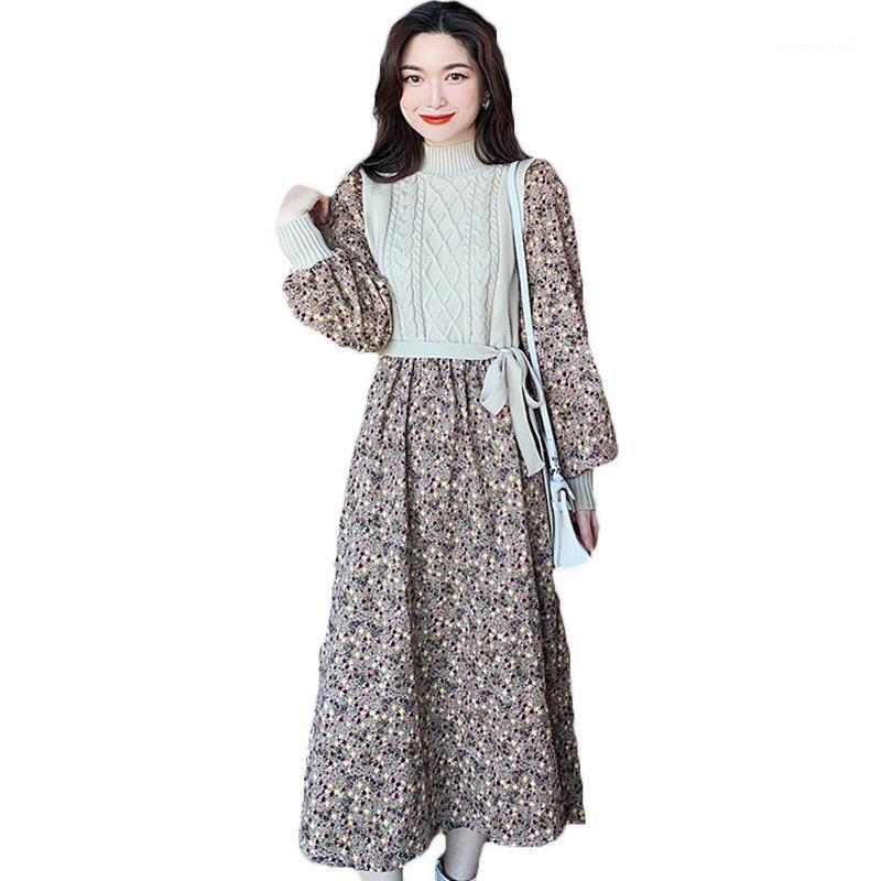 

2021 Sping Autumn Dress New French Gentle Wind Half High Neck Midi Dresses Knitted Stitching Floral Dress Women' Clothing 89A1, Apricot