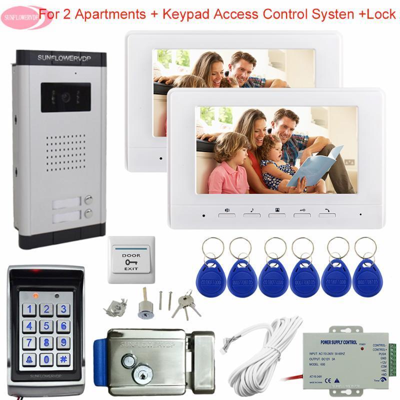 

For 2 Apartments Video Intercom 2 Monitors Keypad Access Control 7inch Video Intercom White and Black for Choose + Electric Lock1