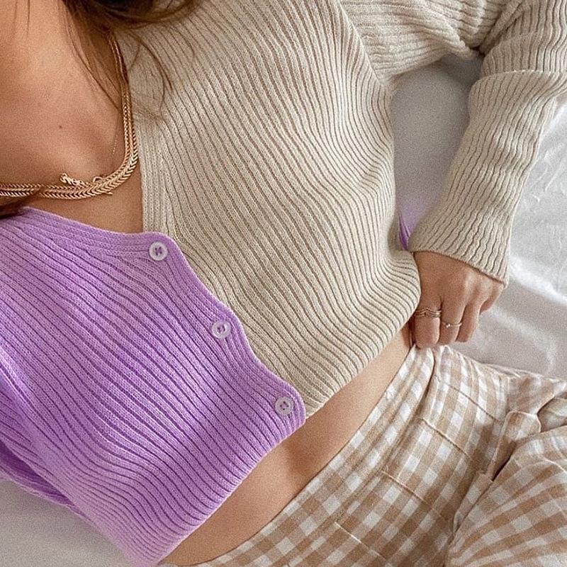 

NCLAGEN V Neck Contrast Color Women Cropped Cardigan Single Breasted Knitting Sweater Autumn Long Sleeve Casual Outerwear Outfit, Blue