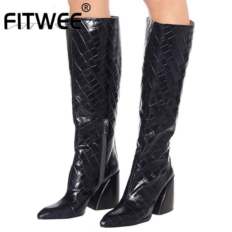 

FITWEE Plus Size 35-48 Knee High Boots For Women Brand Motorcycle Boots Sexy Winter Warm Shoes Club Pointed Toe Women Footwear, Black