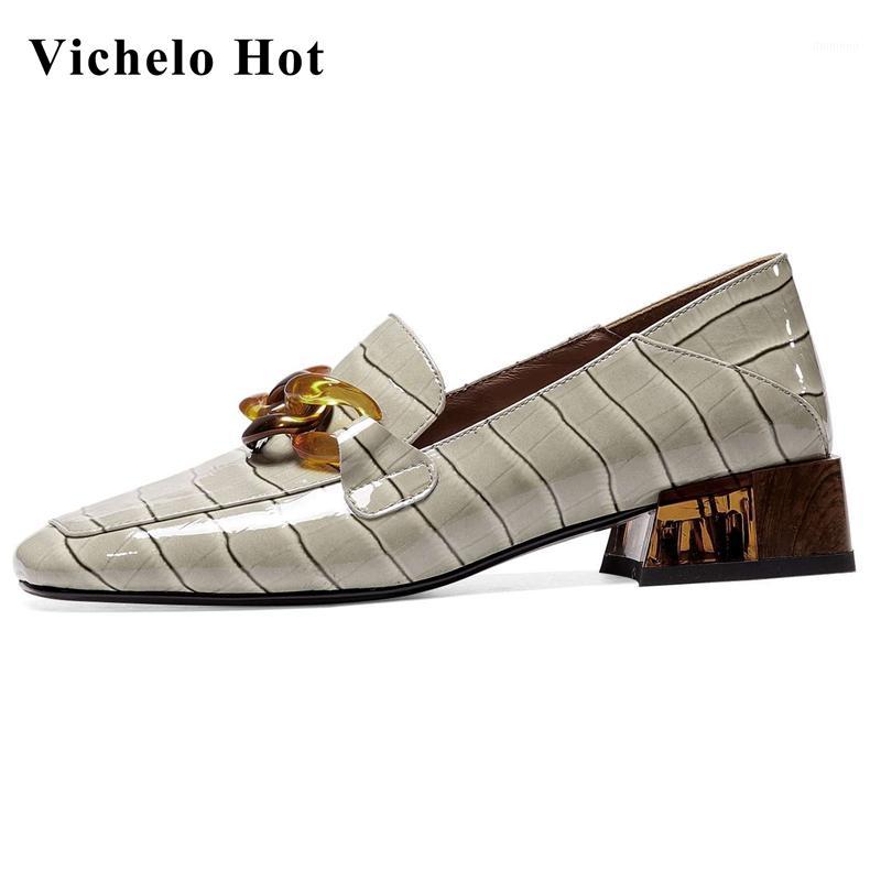 

Vichelo Hot big size genuine leather shoes women square toe med heel chain decoration gladiator young lady daily wear pumps L3f61, Gray green