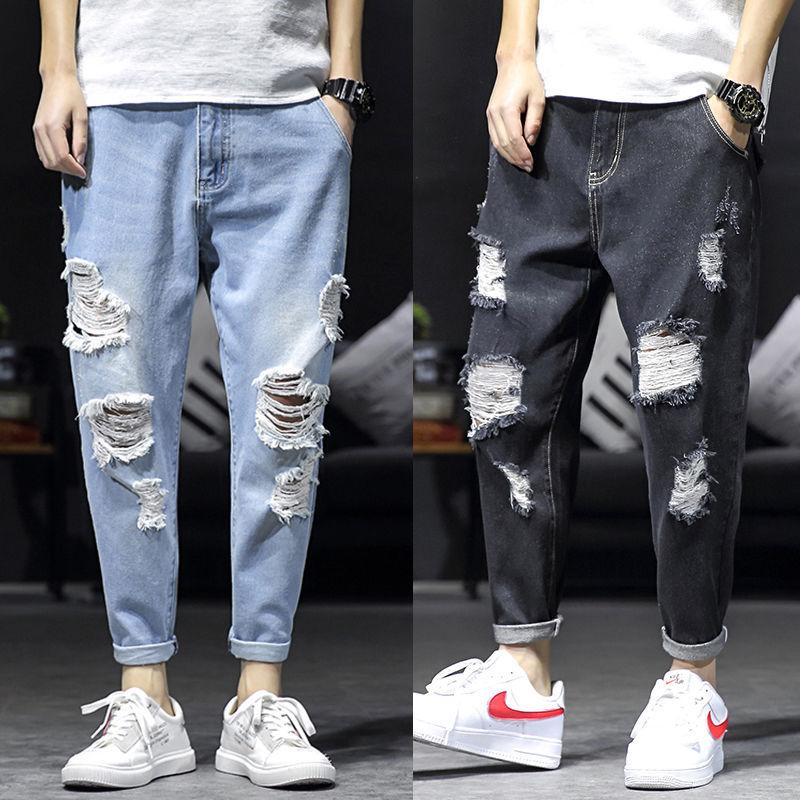 

Wholesale 2020 teenagers cowboy Denim Japanese loose ripped jeans men's rotten pants straight scratched beggar harem pants, Black
