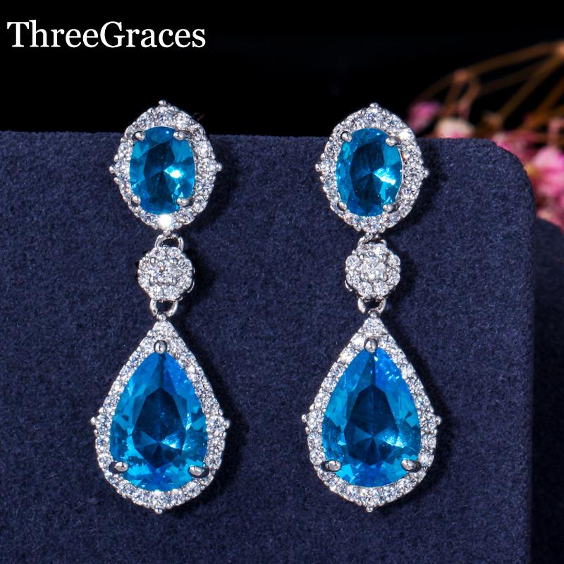 

ThreeGraces Stylish Light Blue Austrian Crystal Silver Color Luxury Zirconia Pave Long Dangle Earrings Jewelry For Women ER207