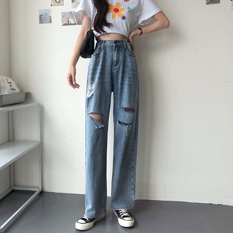 

2021 New S- Korean summer stylish women's long female brim pants waist straight jeans for women (78385) I3QJ, Sky blue