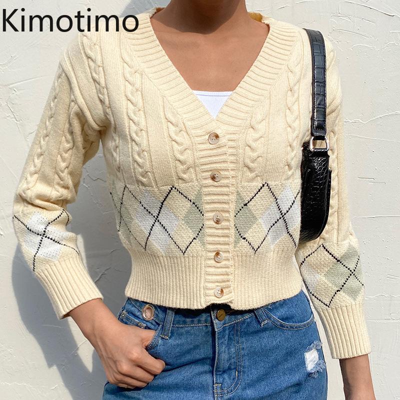 

Kimotimo Casual Sweater Cardigan V-Neck Cardigans Autumn Argyle Long Sleeve Chic Korean Knitted Vintage Women Sweater Coat, Yellow