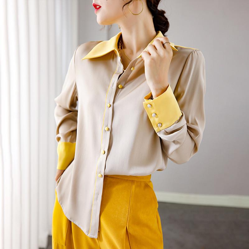 

2021 Spring Designer Luxury 100% Silk Satin Blouse Women Elegant Lantern Sleeve Color Block Office Party Business Shirts Tops, Champagne