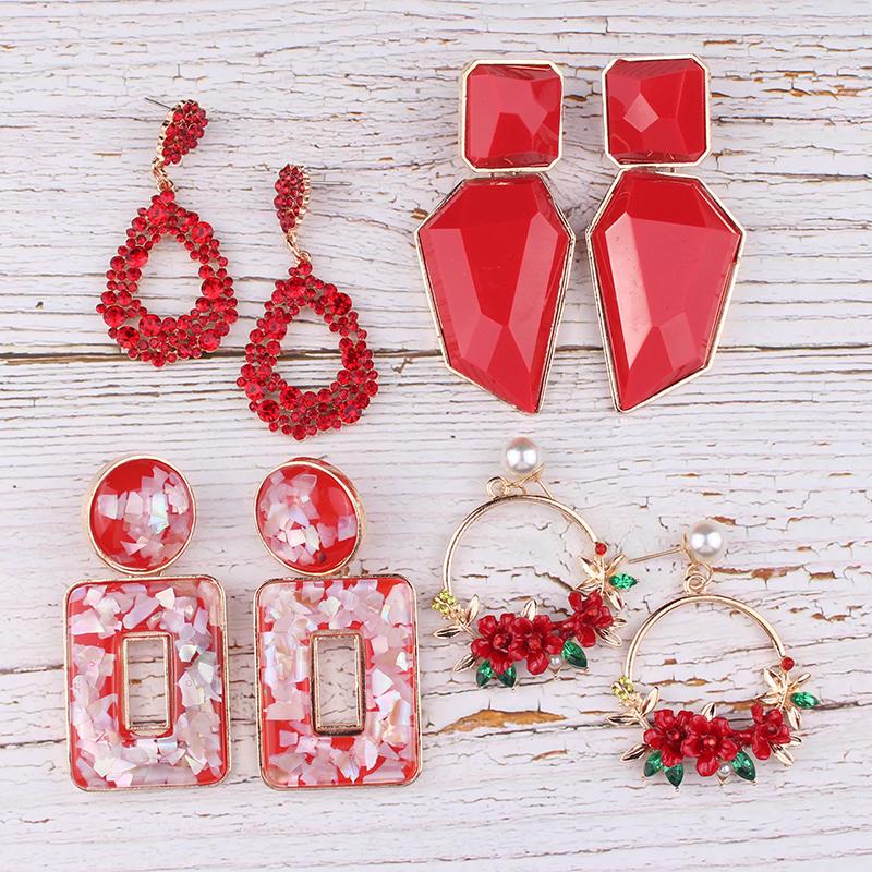 

LUBOV 4 styles RED Geometric Crystal Stone Gold Color Metal Frame Drop Earrings for Women Birthday Gift Party Jewelry