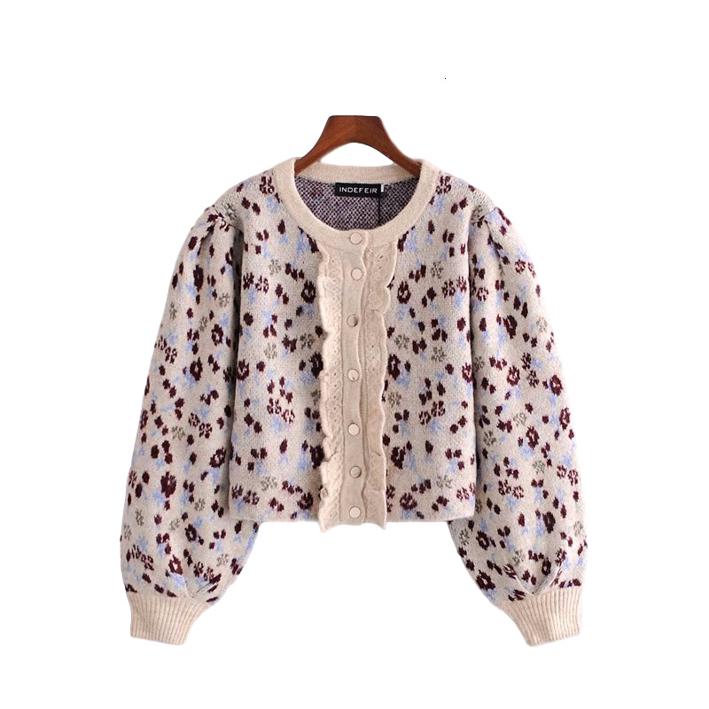 

2021 New Streetwear Women Print Sweater Fashion Ladies Ruffles Knitted Tops Causal Female Vintage O-neck Sleeve Cardigan Qn2j, Beige