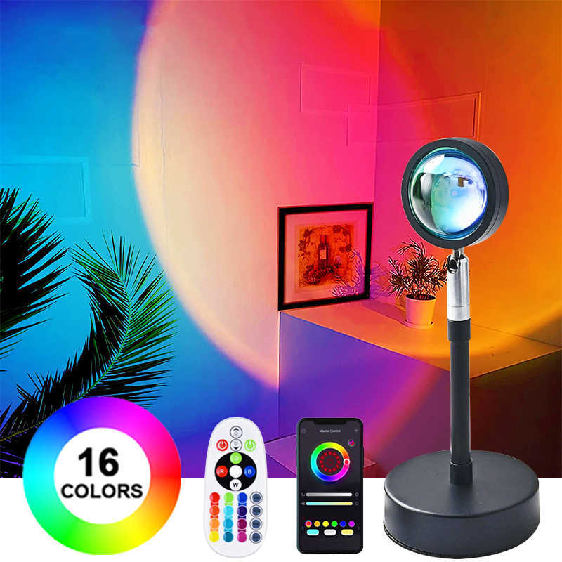 

Indoor Lighting Sunset Lamp RGB 16 Colors APP Remote Control Atmosphere Projection Led Night Light For Home Bedroom Shop Background Decoration