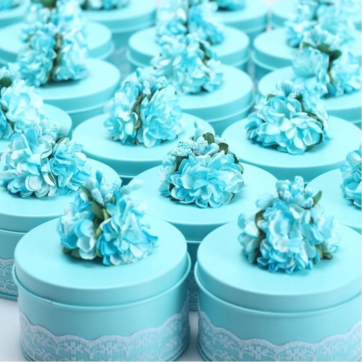 

Round tin wedding candy box with lace and handmade flower metal gift box 100pcs wen65651