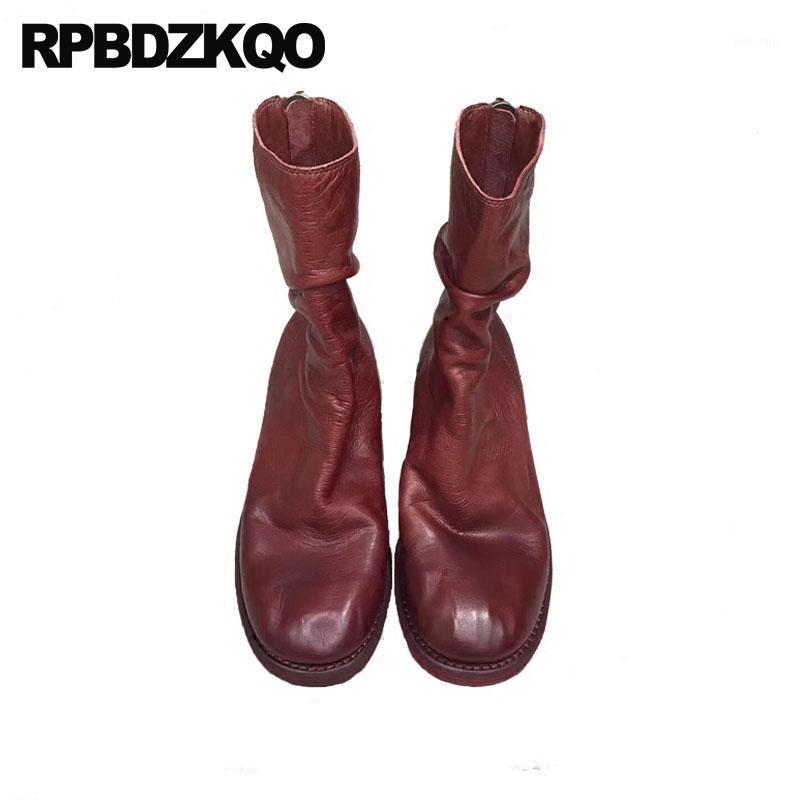

Celebrity Wine Red Boots High Quality Chunky Autumn Grey Round Toe 2020 Mid Calf Shoes Women Short Genuine Leather1, Black