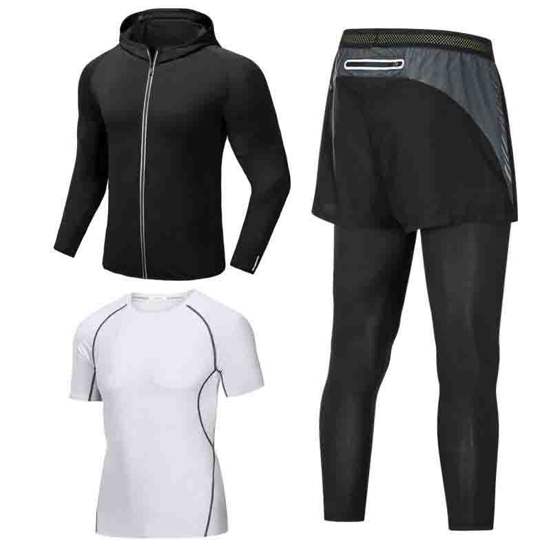 

Sports suit men's Hoodie short sleeve quick dry running suit gym thin pants basketball three piece suit, Black white gray