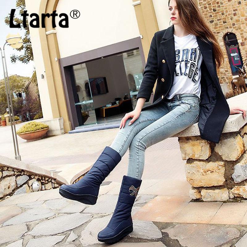 

LTARTA Winter Women knee High Down Boot PU Feather Snowshoe Butterfly Bright Drill Boot Leisure Warm Student Boots HX-1011, Red