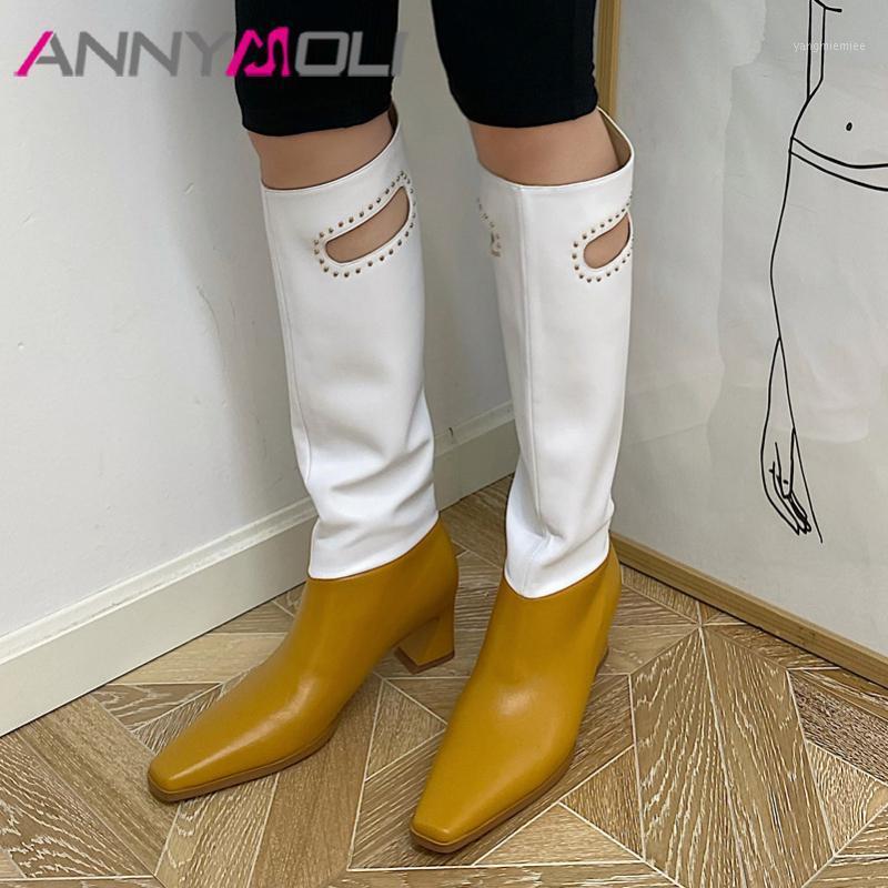 

ANNYMOLI Rivet Genuine Leather High Heel Long Boots Women Knee High Boots Shoes Square Toe Strange Style Heels Fashion 401, Black synthetic lin