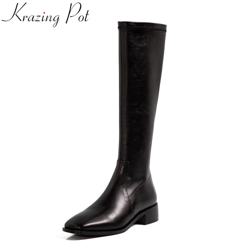 

krazing pot 2021 high quality cow leather square toe thigh high boots zip elegant brand winter shoes solid knee boots L47, Black