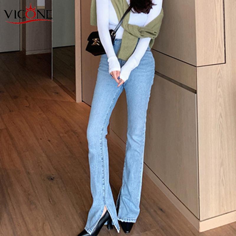 

VICONE Vintage Flare Jeans Blue High Waist Button Split Floor-length Women Denim Jeans Fashion Female Denim Pant 2020 Spring, Light blue