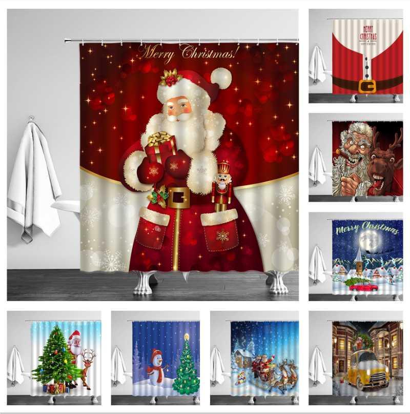 

Santa Claus Christmas Tree Shower Curtain Snowman Elk Full Moon Red background Waterproof Bathroom Bathtub Decor Cloth Curtains1