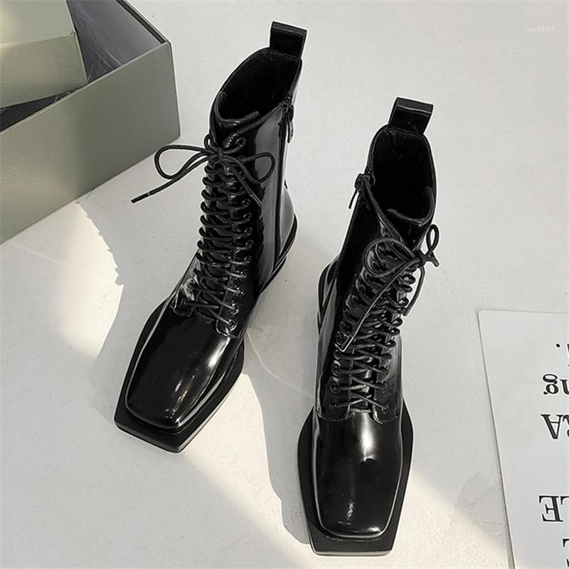 

2020 New Cowhide Square Toe Ankle Boots Retro Cross-Tied Leather Women Shoes Spring Winter Ladies Heelysl Botines Mujer 5.5cm1, Beige