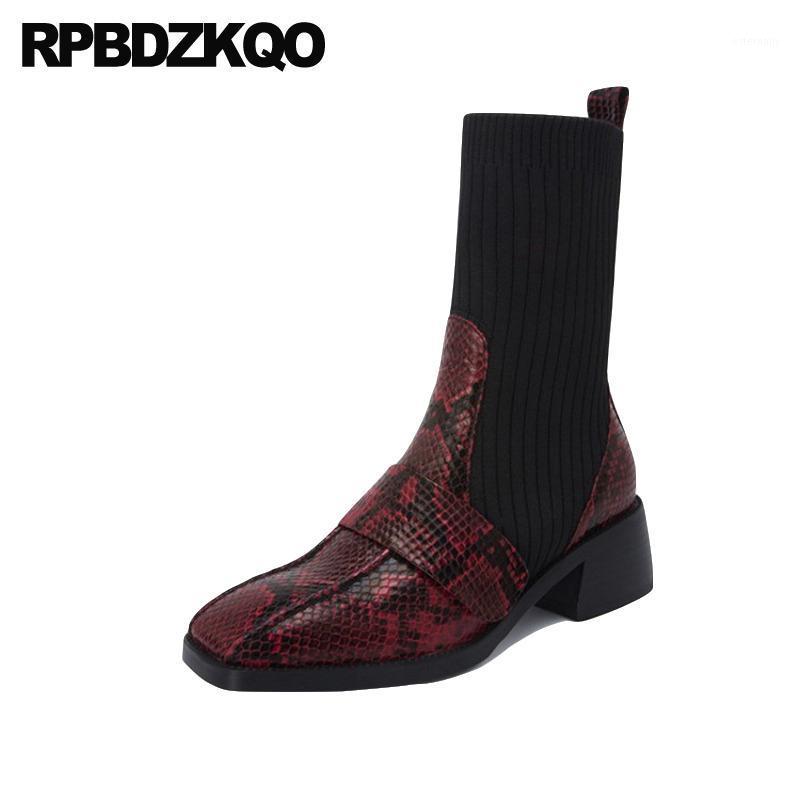 

block black high heel knit chunky snake women ankle boots medium designer slip on square toe shoes red chinese winter snakeskin1
