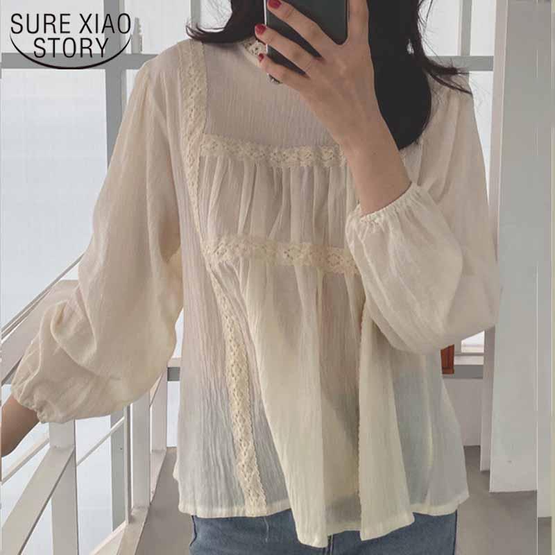 

Women's Blouses & Shirts 2022 Spring Women Lace Shirt Pleated Korean Style Long-sleeve Stand Collar Tops Sweet Solid Autumn Blouse Chic Blus, White