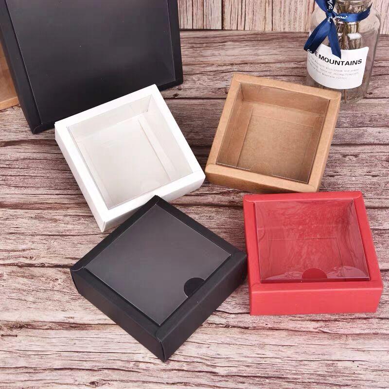 

10pcs Clear PVC Lid Red/White/Black/Kraft Paper Box Handmade Soap Candy chocolate biscuit boxes for wedding party gift wrap