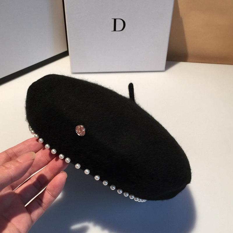 

Autumn and Winter Boutique High-End Wool Handmade Pearl Beret Temperament Ladies Style Beret Hat Korean Print Artist Hat, C3
