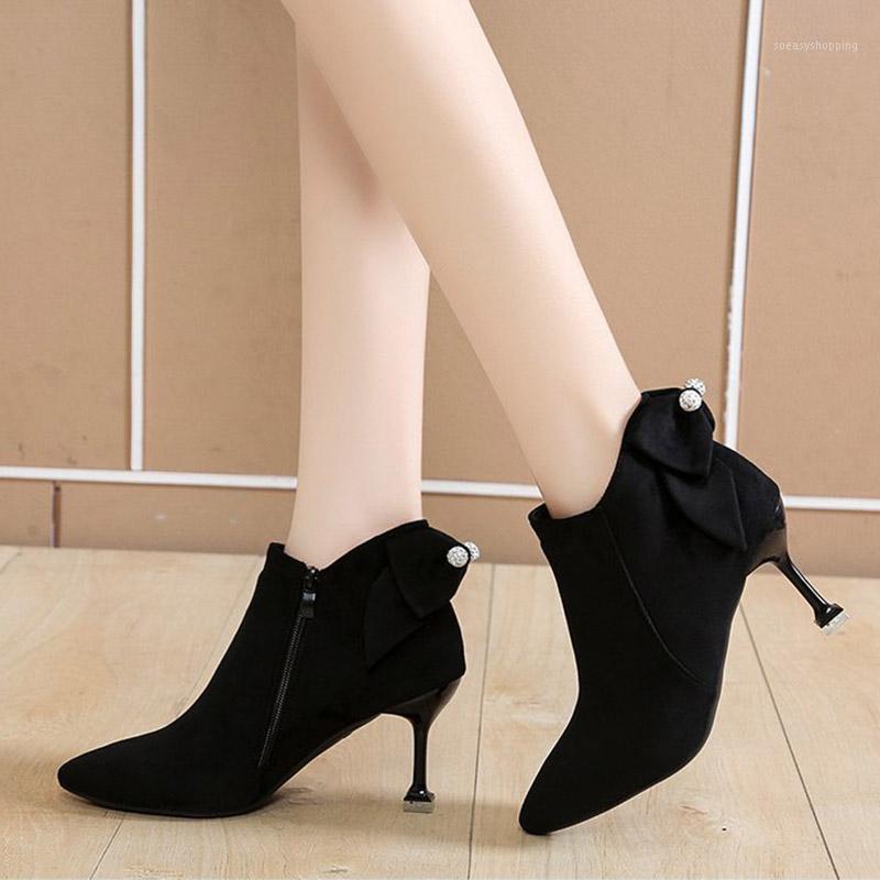 

Winter Autumn Women Bare Boots High Heels Ankle Boots Flock Pumps Back Bow Dress Shoes Pointed Toe Thin Heel botas mujer 8884C1, Red