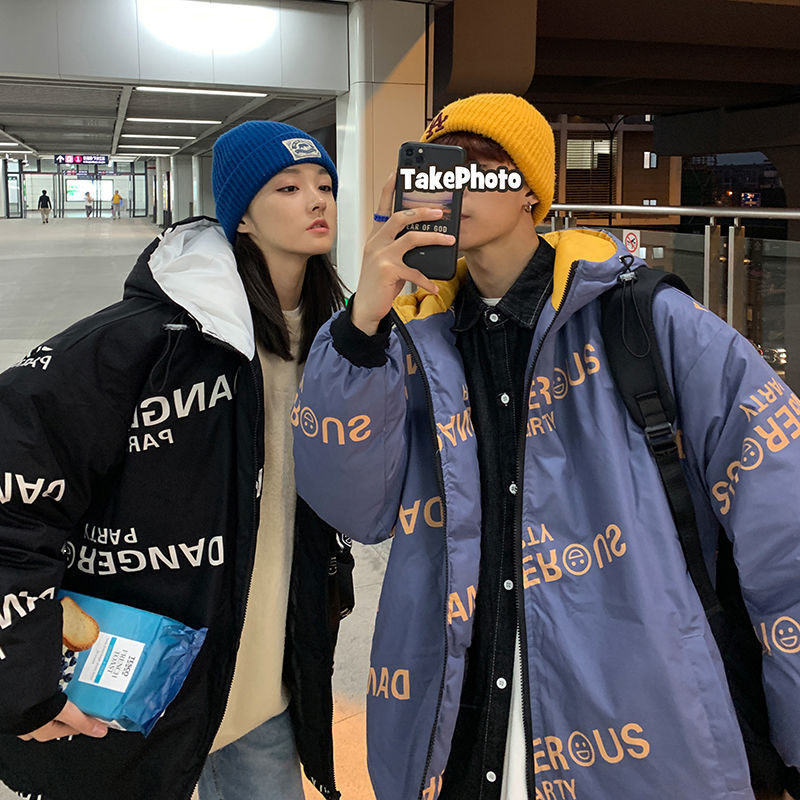 

New 2021 Winter with Loose Hoodie Large Couple Personality Street Hip-hop Tide Cotton Jacket Letters Male Students Free 1ORM, Grayish blue.