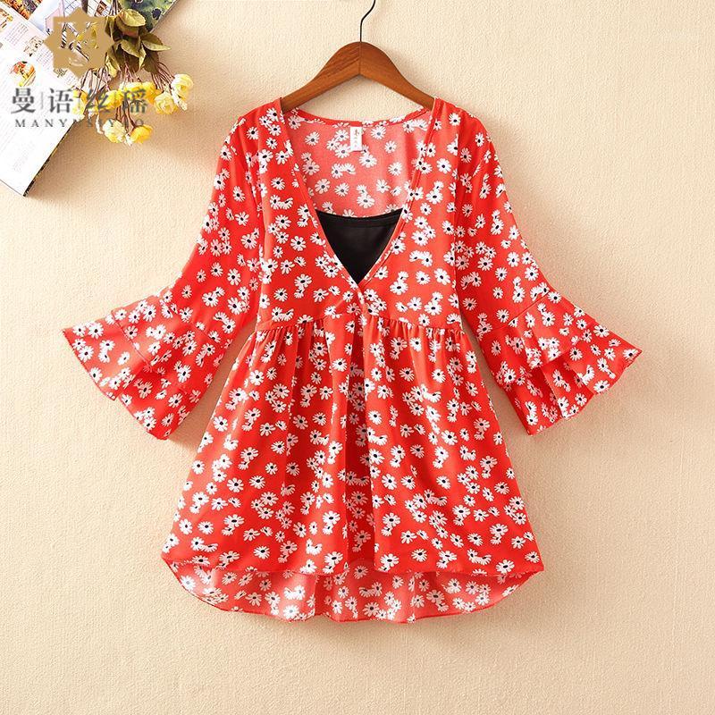 

Women's Blouses & Shirts Women Spring Summer Style Chiffon Lady Casual V-Neck Flare Sleeve Flower Printed Blusas Tops With Slip ZZ06431, Yellow