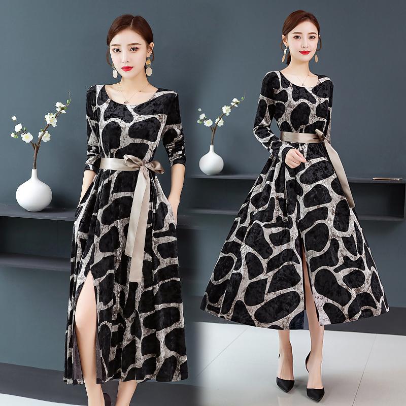 

Autumn Long Sleeve Velvet Dress Women Elegant Jacquard Vintage High Waist Round Neck Split Plus Size Dresses Woman Clothes, Photo color