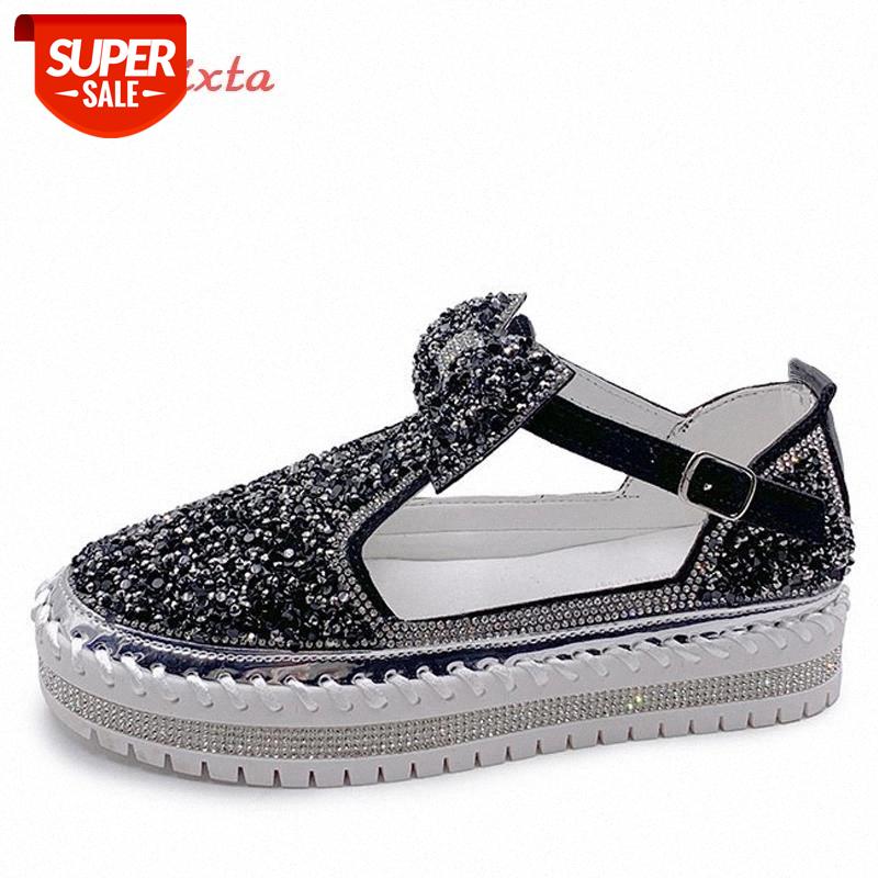 

Aphixta Big Size 43 Buckle Sequined Leather Shoes Women Flats Bling Bow Loafers Platform Shoes Bling Flat With Students Flats #RX9Q, Beige