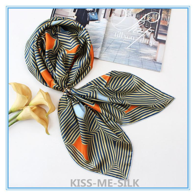 

KMS Silk Scarf Retro Printed Silk Scarf Line Color Block Stitching Shawl for Women 90*90CM/55G