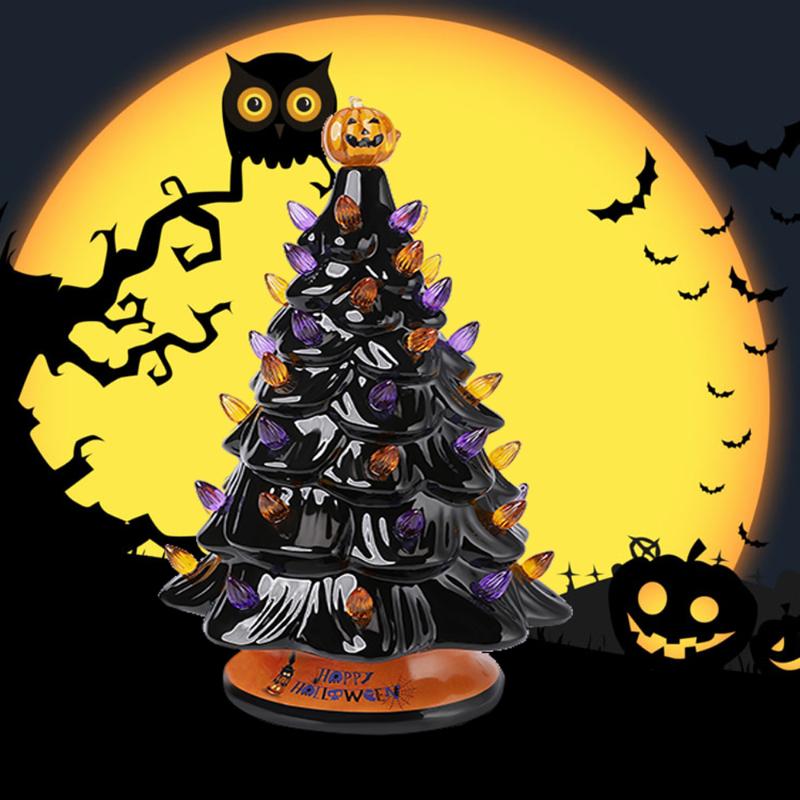 

Christmas Decorations Halloween Ceramic Tree With Orange And Purple Lights,Tabletop Decor Pumpkin Top Collar