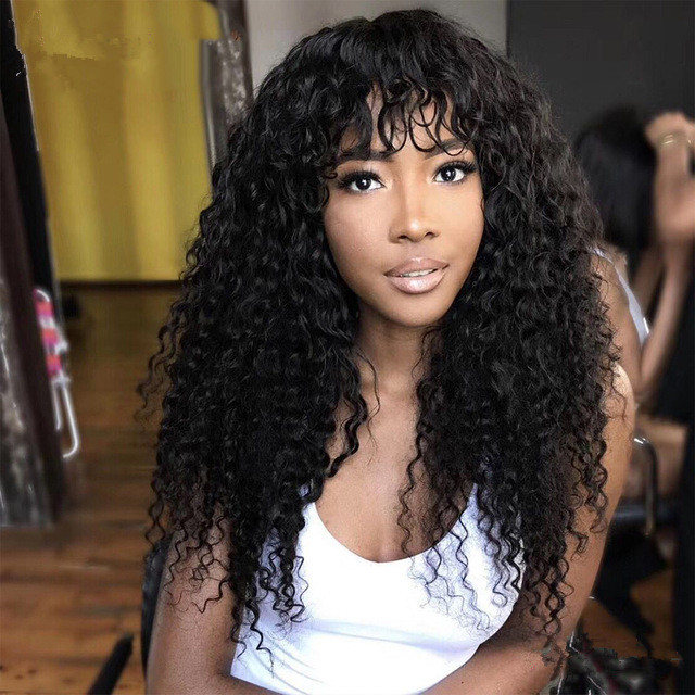 

Kinky Curly Wigs with Bangs Grade 10A Virgin Huma for Black Women brazilian Hair finge 150% Density glueless non lace front wig machine made diva1, 1b or natural color