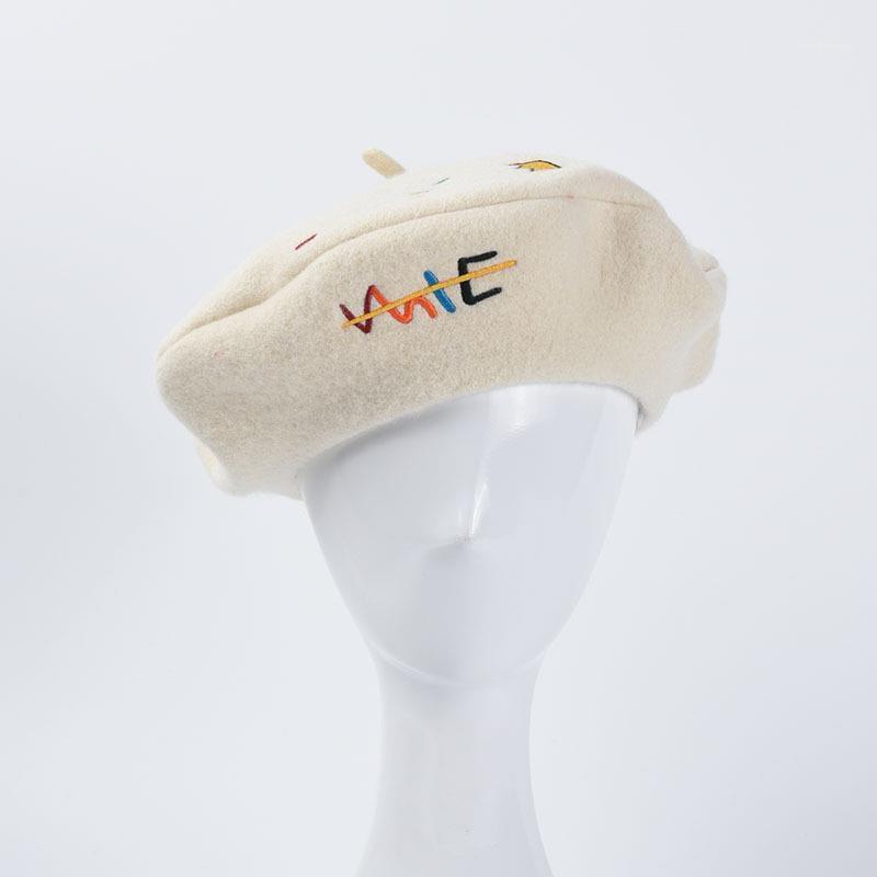 

Japanese Soft Embroidery Letters Cartoon Wool Beret Painter Cap Winter Warm Beanies Cap Girl Autumn And Winter Felt Hat1, White