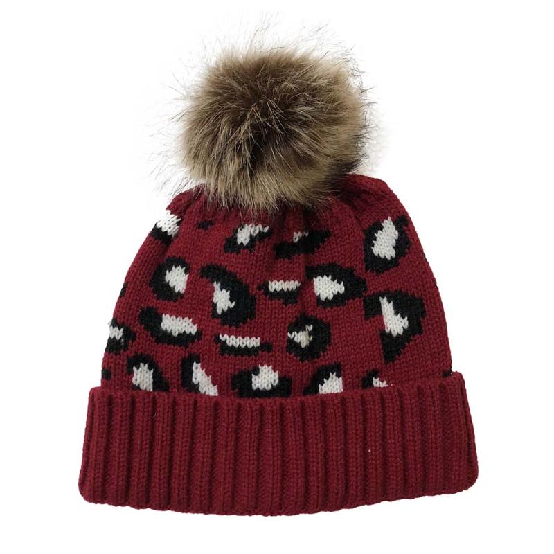

Beanies for Women Hats Winter Women Accessories Warm Knitted Leopard Printed Hat with Plush Ball, White