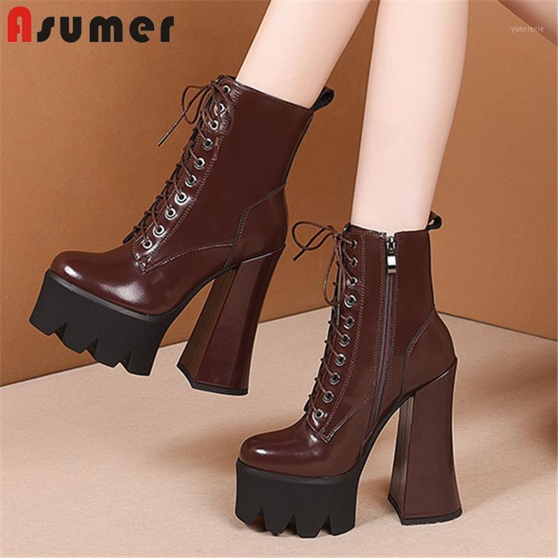 

ASUMER 2021 Top Quality Genuine Leather Ankle Boots Women Sexy Party Wedding High Heel Platform Shoes Women Boots1, Red