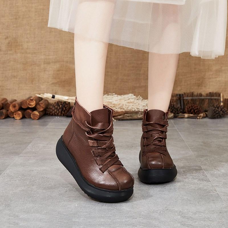 

women boot 2020 autumn winter new thick-bottomed wedge casual women's boots leather retro round head women's boots, Black