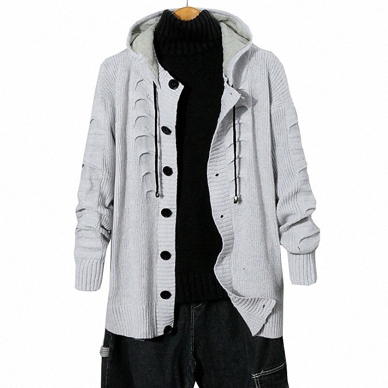 Men's Unisex Cardigan Knitted Solid Color Stylish Vintage Style Long Sleeve Sweater Cardigans Hooded Fall Winter Light gray G6hF#