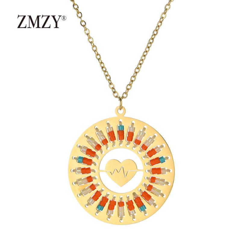 

ZMZY Boho Style Love Heartbeat Pendant Miyuki Beads Necklace Gold Stainless Steel Chain Necklace Women Jewelry Gift Bijoux Femme