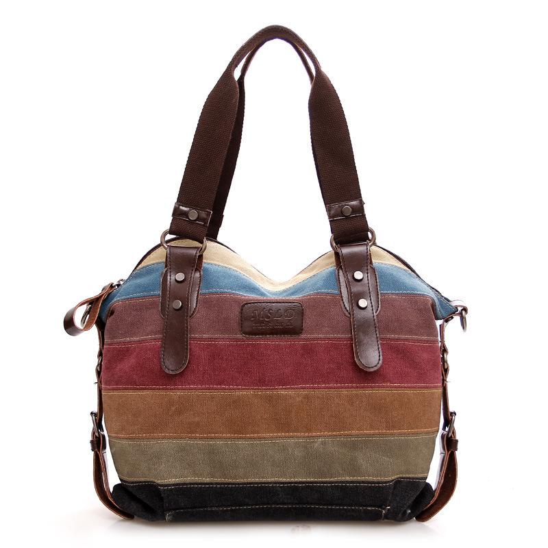 

Ladies retro new women's bag 2020 female models stitching handbag high quality ladies shoulder bag rainbow striped canvas, Beige