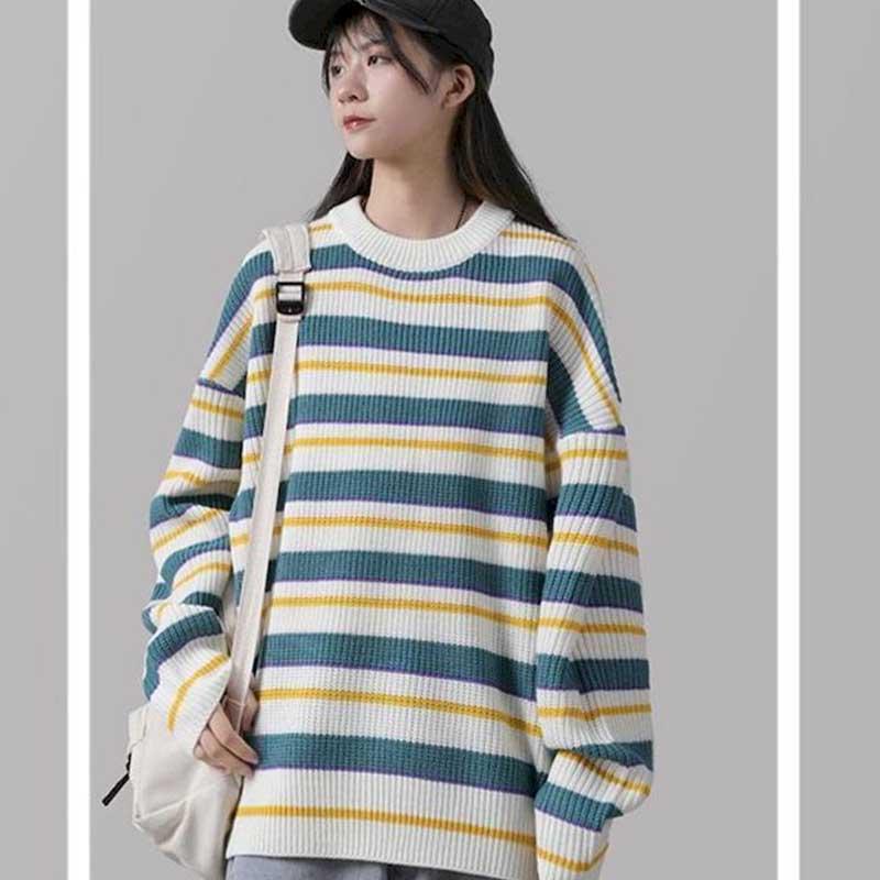 

Autumn and winter new round neck striped sweater female students loose wild long-sleeved sweater pullover jacket Korean retro Ho, Black