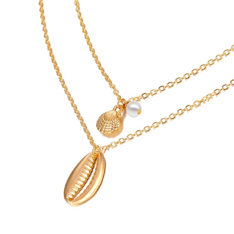 

Fashion Bohemian Style Layered Necklace Gold Color Trendy Pearl Shell Pendant Necklace for Women Long 2 pcs/set