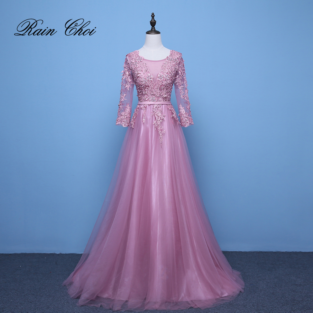 

Pink Evening Dresses 3/4 Sleeves Appliques A Line Formal Party Gowns Long Prom Dress 2020 vestido de festa, Black