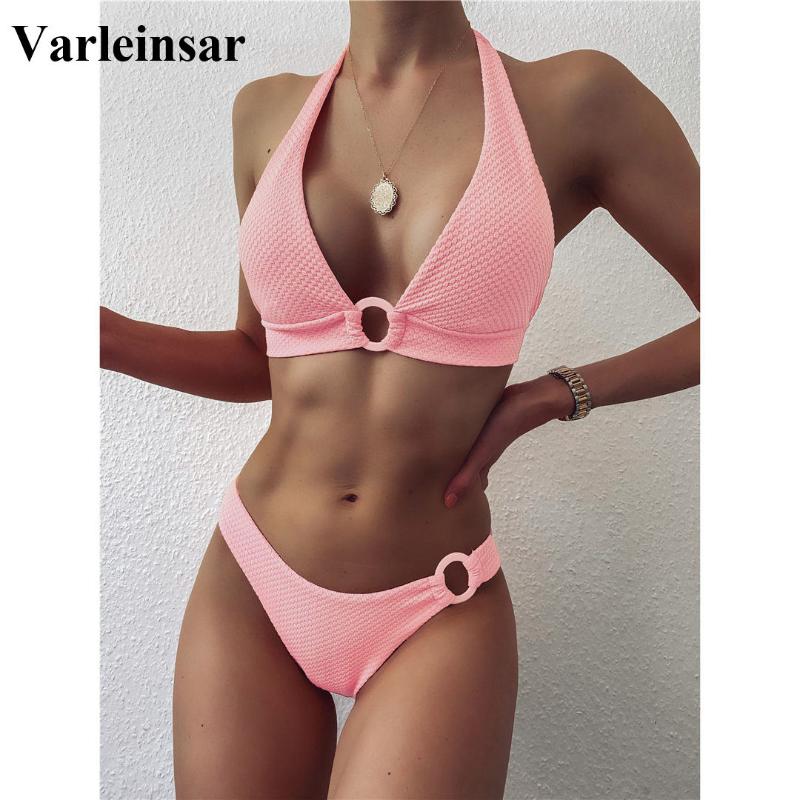 

Sexy 2020 Halter Pink Bikini Women Swimwear Female Swimsuit Two-pieces Bikini set Mid Waist Bather Bathing Suit Swim Lady V2424