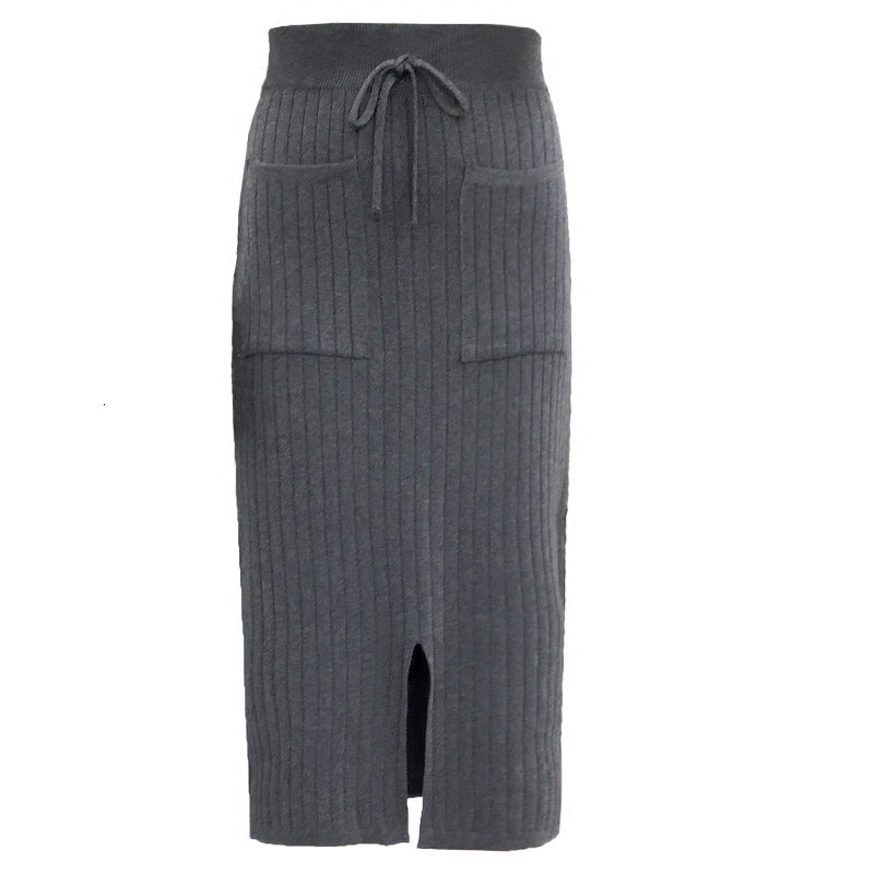 

2021 New Streetwear Thick Knitted Skirt Autumn Winter Women Double Pocket Package Hip Office Lady Elastic Strap Pencil Skirts 8s5k, Orange