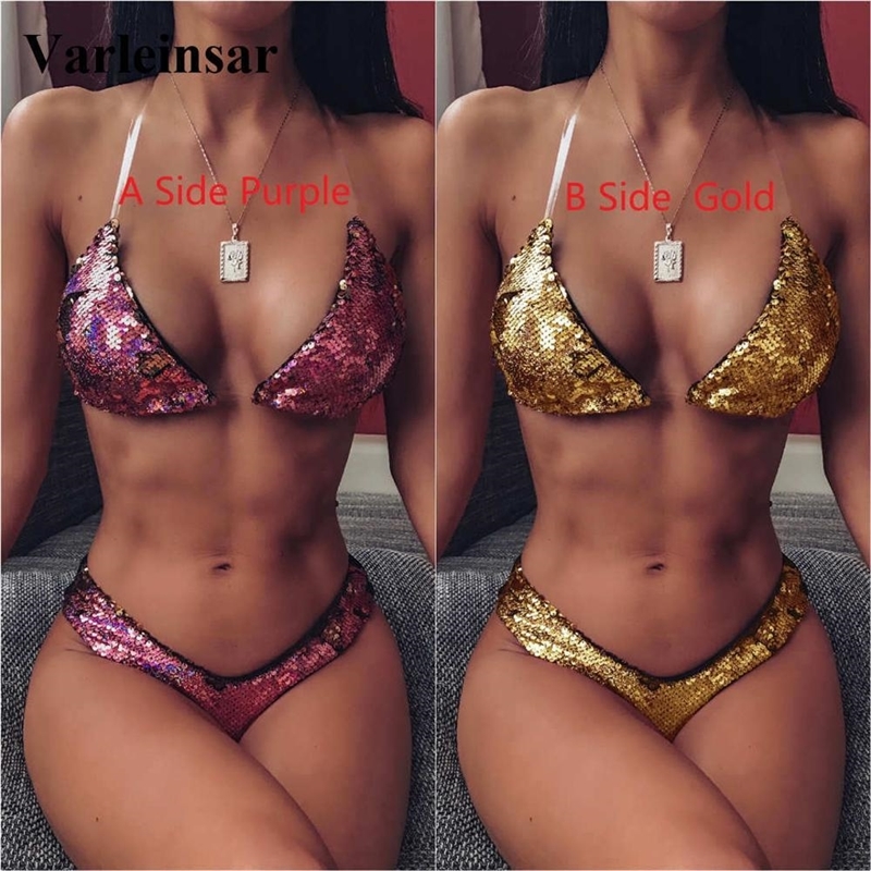 

NEW Color Changed Sequin Bikini Women Swimwear Female Swimsuit Two-pieces Bikini set Brazilian Bather Bathing Suit Swim V1780 T200509, Blue purple