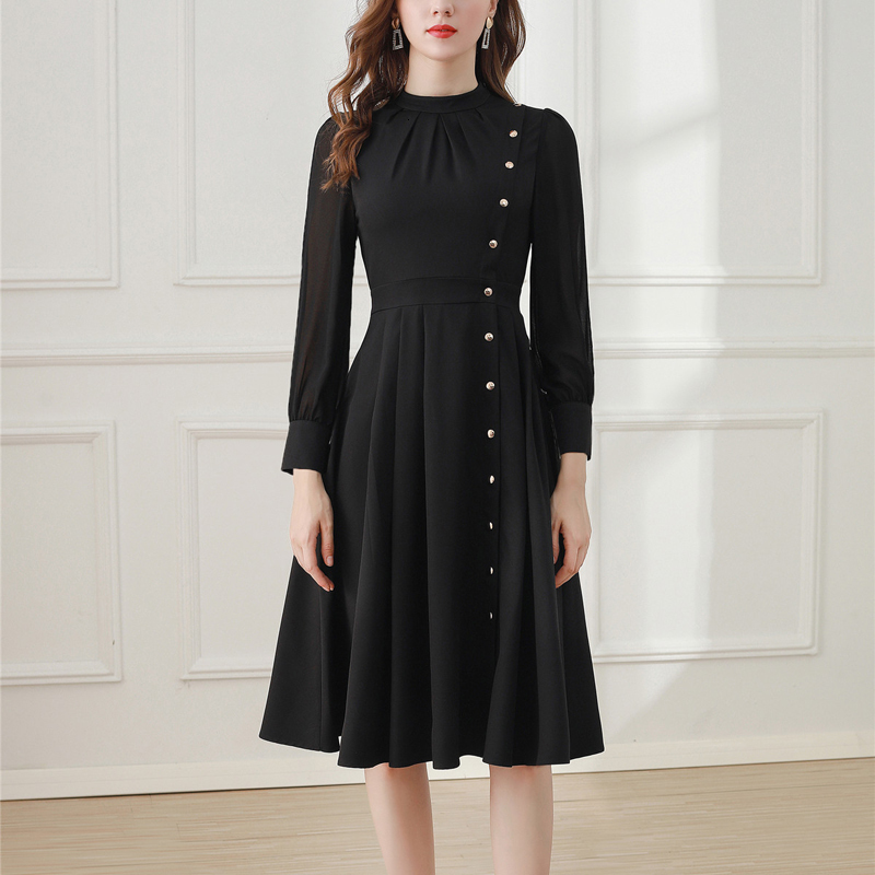 

2021 New Autumn Style of Long Sleeves Elegant Self-cultivating Temperament Mid-length Dress Plied Women' High Quality Clothing Em6g, Black