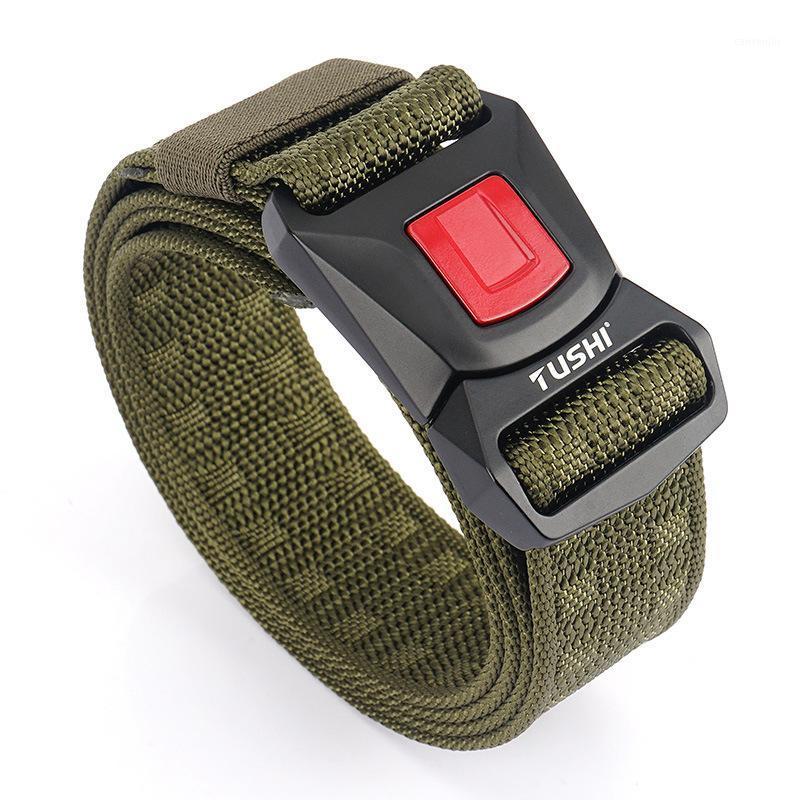 

Tactical Belt Men Hard Metal Quick Release Buckle Soft Real Nylon Waist Belt Army Training Hunting1, Green buckle